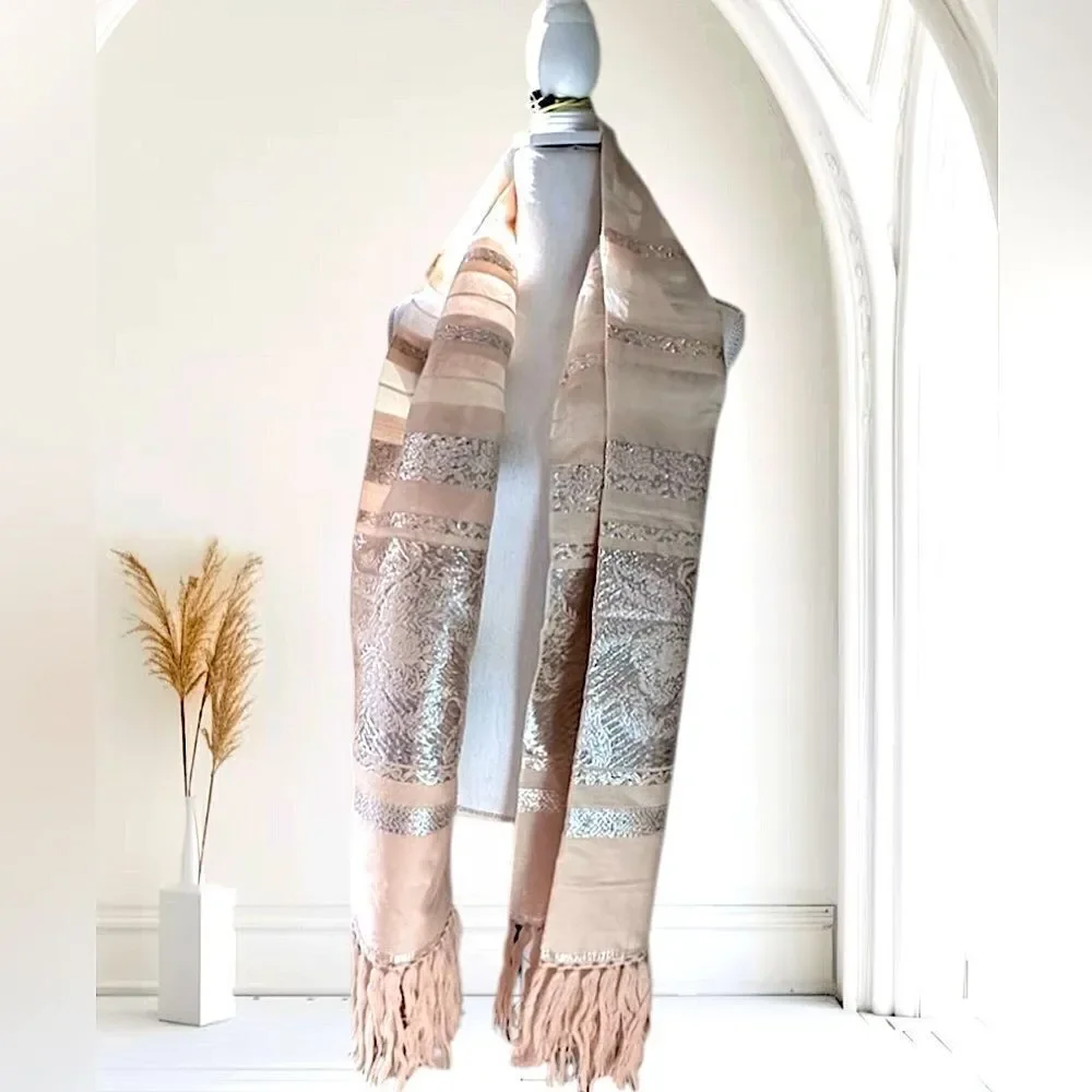 Stylish Vintage Silk Beige and Silver Floral Wrap Shawl Scarf Stole 66”x46”